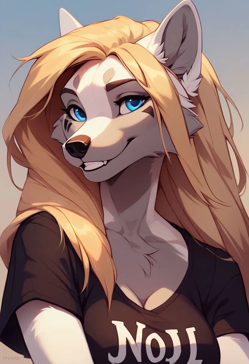 score_9, score_8_up, score_8, 1girl, anthro wolf, blue eyes, blonde hair, medium breasts, smooth, smiling, black t-shirt, highly detailed, perfect, high quality, posing, portrait