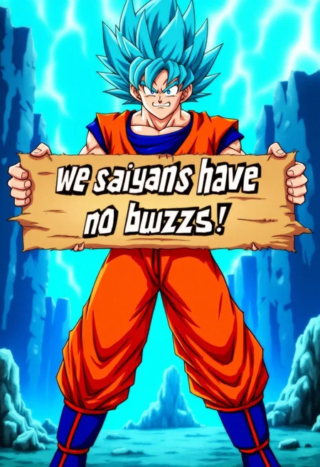 Create an image of Goku in his ssj form, standing confidently. He's holding a large, clearly visible sign in both hands that reads "we saiyans have no buzzs!" The sign should have bold, bright letters to make the message stand out. Goku's hair is blue, his eyes are blue, and he's wearing his iconic orange gi with a blue undershirt and boots. The background can be a dark destroyed city, vibrant color like blue or white to keep the focus on Goku and the sign.evil smile,Make sure Goku's expression is exciting, .SSJ1