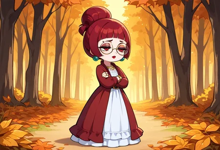 perfect eyes, solo, 1girl, red hair, red eyes, round eyewear, round glasses, shortstack, red victorian dress, hime cut, blunt bangs, single hairbun, mature female, milf, flat chest, tired, puffy sleeves, long sleeves, red lipstick, pantaloons, jewelry, bracelet, necklace, earrings, rings, long skirt, frills, standing, half closed eyes, arms crossed, belt, sleepy
outdoors, orange leaves, orange forest, soft lighting,