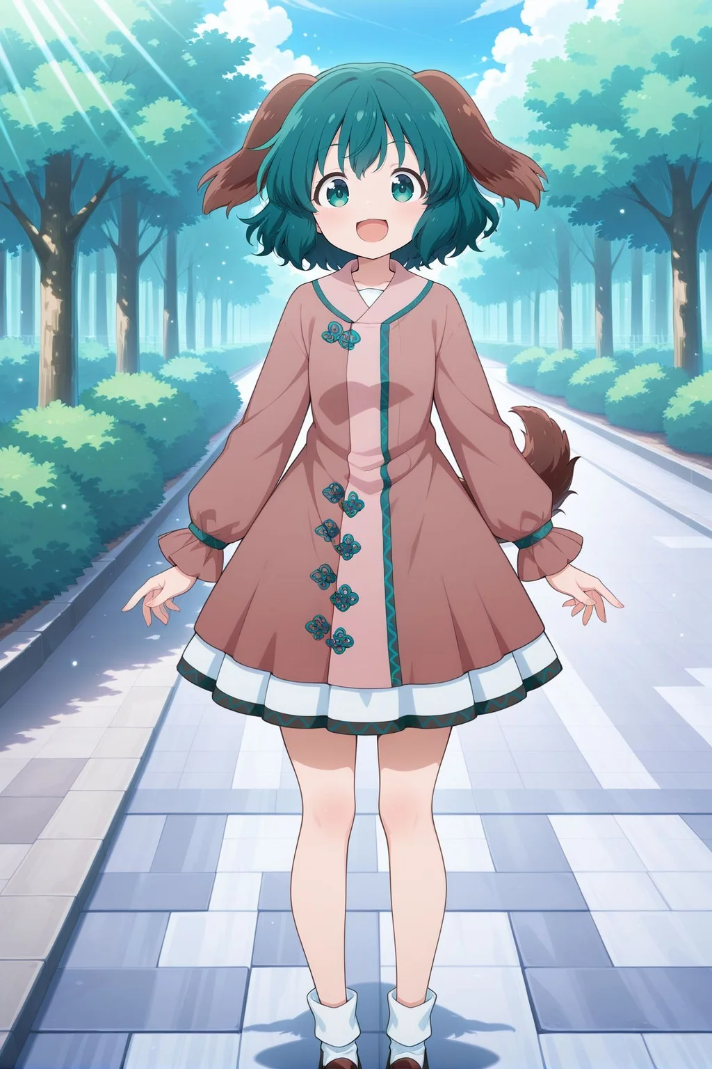 absurdres, highres, masterpiece, best quality, amazing quality, official anime artwork, screencap, anime screencap, outdoors, looking at viewer, light smile, dynamic pose, standing,
<lora:Kyouko-Kasodani_Illustrious:1> kasodani kyouko, 1girl, solo, green eyes, green hair, medium hair, dog ears, dog tail,, brown dress, long sleeves, white socks, brown footwear, open mouth,