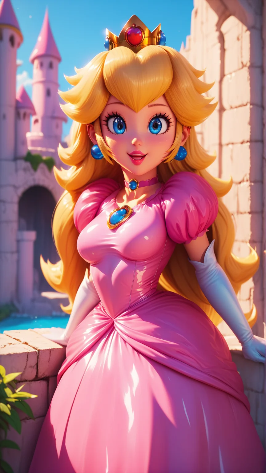 score_4,score_5,score_6,score_7_up,score_8_up,score_9 BREAK 1girl,solo,jewelry,earrings,long hair,breasts,very long hair,big hair,choker,dress,medium breasts,:d,outdoors,smile,open mouth,<lora:Princess_Peach_Shiny_Style_V2:0.8>,shiny,shiny skin,princess peach,castle,
