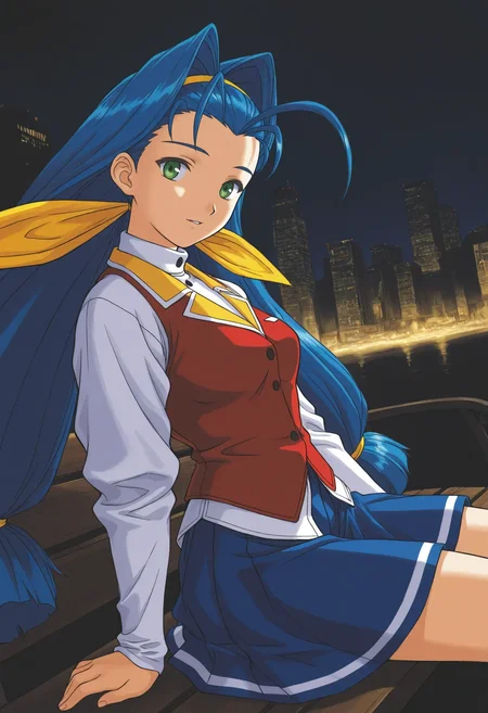 PsyF2KPatty, traditional media, graphite \(medium\), retro artstyle, 1girl, solo, outdoors, night, glowing, building, cyberpunk, upper body, dutch angle, light smile, sitting, on bench, medium breasts, looking at viewer,
blue hair, low-tied long hair, twintails, green eyes, parted lips, antenna hair, yellow hairband, hair ribbon,
school uniform, turtleneck shirt, long sleeves, red vest, yellow collared, blue skirt, pleated skirt,
best quality,amazing quality,very aesthetic,absurdres
<lora:PsyF2KPatty:1>