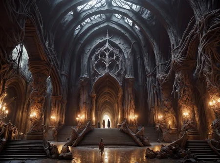 RAW photo, (masterpiece:1.3), subsurface scattering, heavy shadow, (high quality:1.4), (intricate, high detail:1.2), professional photography, HDR, High Dynamic Range, realistic, ultra realistic, photorealistic, high resolution, film photography, ambient lighting, atmospheric effects, <lora:detail_slider_v4:2>, OverallDetail, <lora:Evil:1>, outdoor scenery, stairs, evilrealms, forest, epiCPhoto