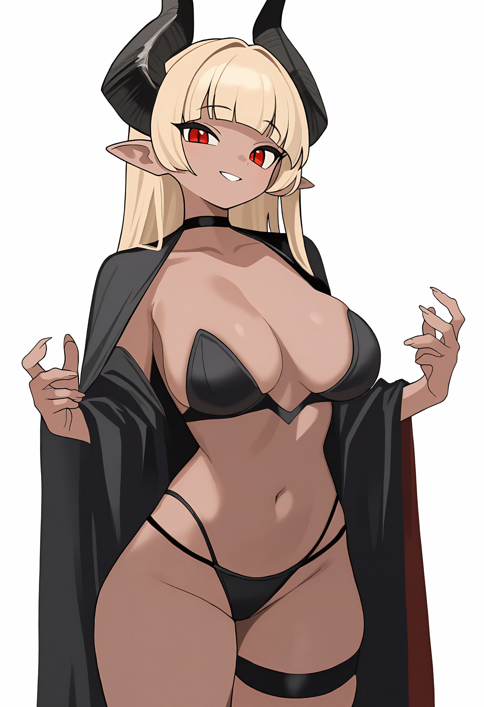 ,,<lora:TestTestTest!\kejuku\Kejuku_Style_NBV1.safetensors:0.95:0.95>,solo, 1girl, horns, breasts, blonde hair, white background, red eyes, long hair, simple background, pointy ears, looking at viewer, large breasts, smile, dark skin, dark-skinned female, navel, demon horns, demon girl, collarbone, blunt bangs, thigh strap, fingernails, parted lips, cape, choker, ,masterpiece,best quality,newest,absurdres,highres,very awa,detail background <lora:None:0.9500000000000002>
