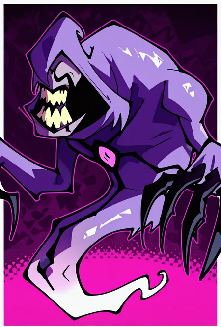 <lora:zskayr-10:1> zskayr, no humans, solo, monster, teeth, black claws, pokemon (creature), single purple eye, , purple skin, sharp teeth, , black sclera,, ghost tail, purple hood, upper body, , no legs, dynamic pose, cowboy shot, purple background, <lora:sakfsdajfkasd:1> alpharecdyt,, masterpiece, best quality, amazing quality, very aesthetic, absurdres, newest,, upper body, halftone effect, white borders, abstract background:1.2,