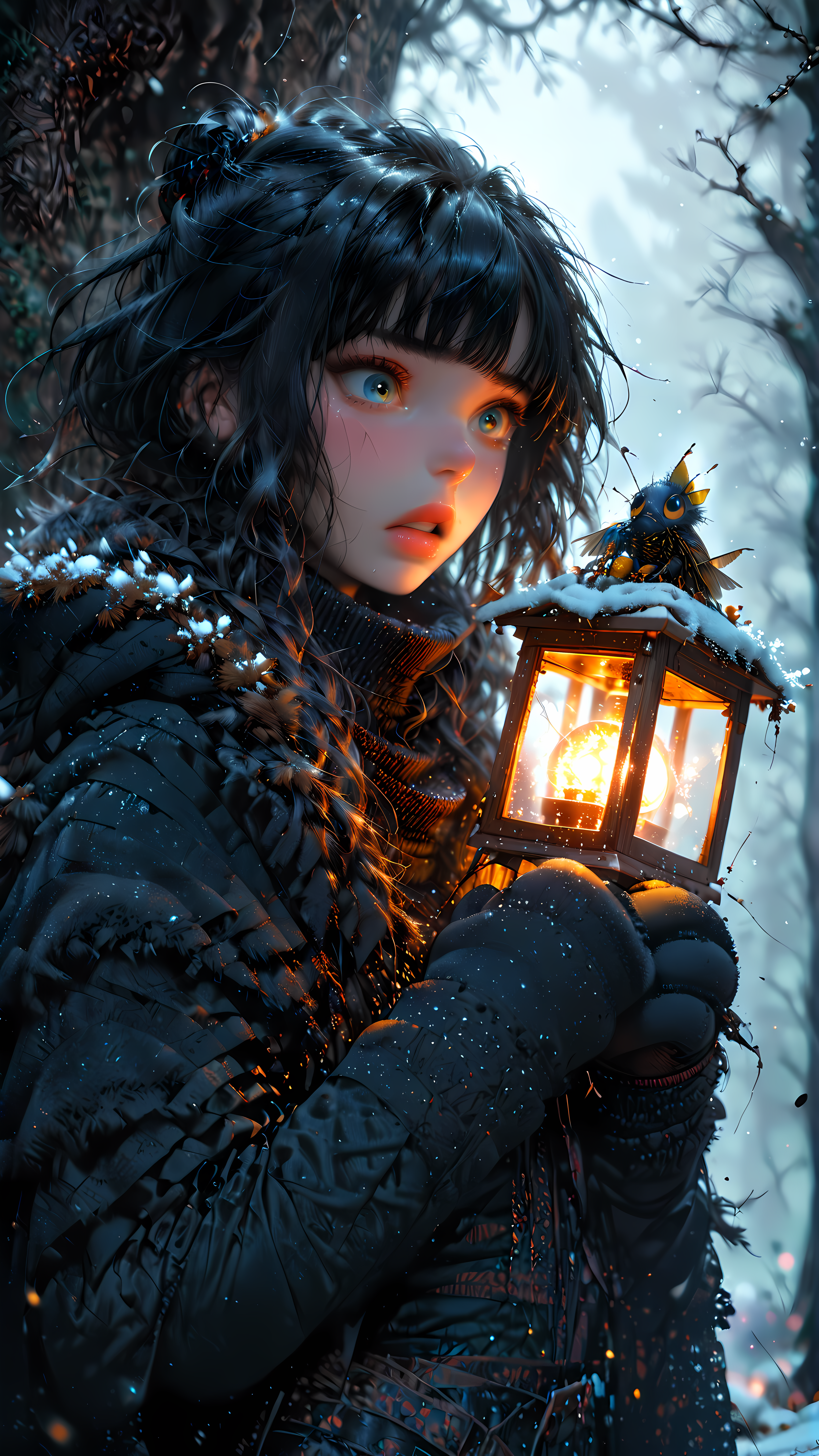 score_9, score_8_up, score_7_up, rating_safe,
1girl, solo, small breasts, black hair, black cloak, turtleneck, standing in snow, black jeans, (holding lantern:1.2), wide eyed, scared face, moonlight, tears, running mascara, wide mouth, full body shot, bangs,
dark forest, black forest, bare trees, winter forest, frost, haze, yellow fog, shadowed background, blurry background,
dark, nighttime, fireflies,
monstrous background, mittens,
<lora:Expressive_H:1> <lora:princess_xl_v2:1> <lora:Fant5yP0ny:1> <lora:Vixons Pomy Styles Gothic Neon:.45> <lora:HKStyle_V3:1>