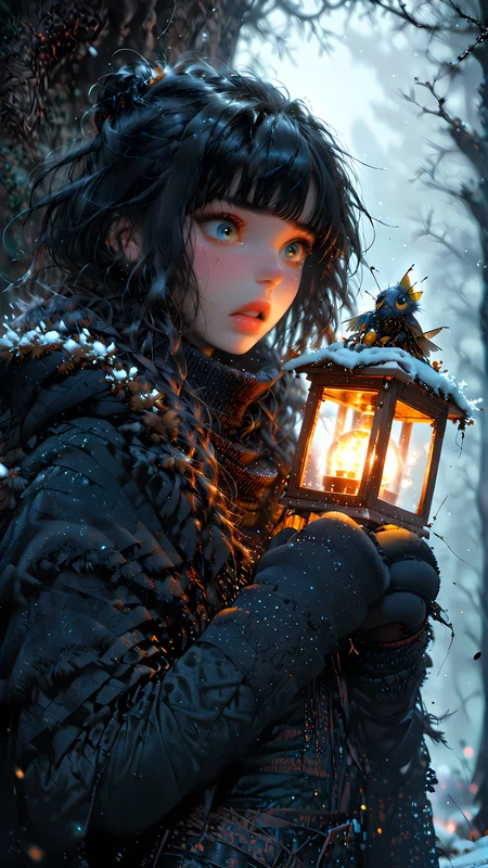 score_9, score_8_up, score_7_up, rating_safe,
1girl, solo, small breasts, black hair, black cloak, turtleneck, standing in snow, black jeans, (holding lantern:1.2), wide eyed, scared face, moonlight, tears, running mascara, wide mouth, full body shot, bangs,
dark forest, black forest, bare trees, winter forest, frost, haze, yellow fog, shadowed background, blurry background,
dark, nighttime, fireflies,
monstrous background, mittens,
<lora:Expressive_H:1> <lora:princess_xl_v2:1> <lora:Fant5yP0ny:1> <lora:Vixons Pomy Styles Gothic Neon:.45> <lora:HKStyle_V3:1>