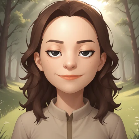 score_9, score_8, BREAK, solo, wii, mii, wii sports resort, female mii, 1girl, cute, brown hair, messy hair, sleepy eyes, black eyes, linear eyebrows, lips, wide lips, brown clothing, black pants, flip flops, breasts, Tomoko_(\Wii_Sports_Resort\), Nintendo Mii, modern_mii, classic_mii, half circle eyes, sexy pose, smile, outdoors, sunlight, shadows, evening lighting, natural lighting, forest, trees, grass, orange sky, sunset