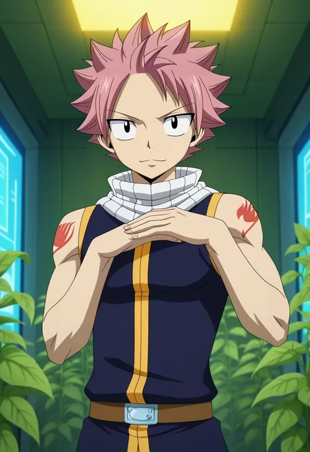 masterpiece, best quality, , anime screencap, anime coloring, official style, looking at viewer, 1boy, solo, male focus, <lora:natsu_dragneel_ilxl:1>, natsu_dragneel, pink hair, black eyes, spiked hair, , tech garden, robot tenders, data plants, virtual flowers, tending pose, gentle expression, artificial lighting,