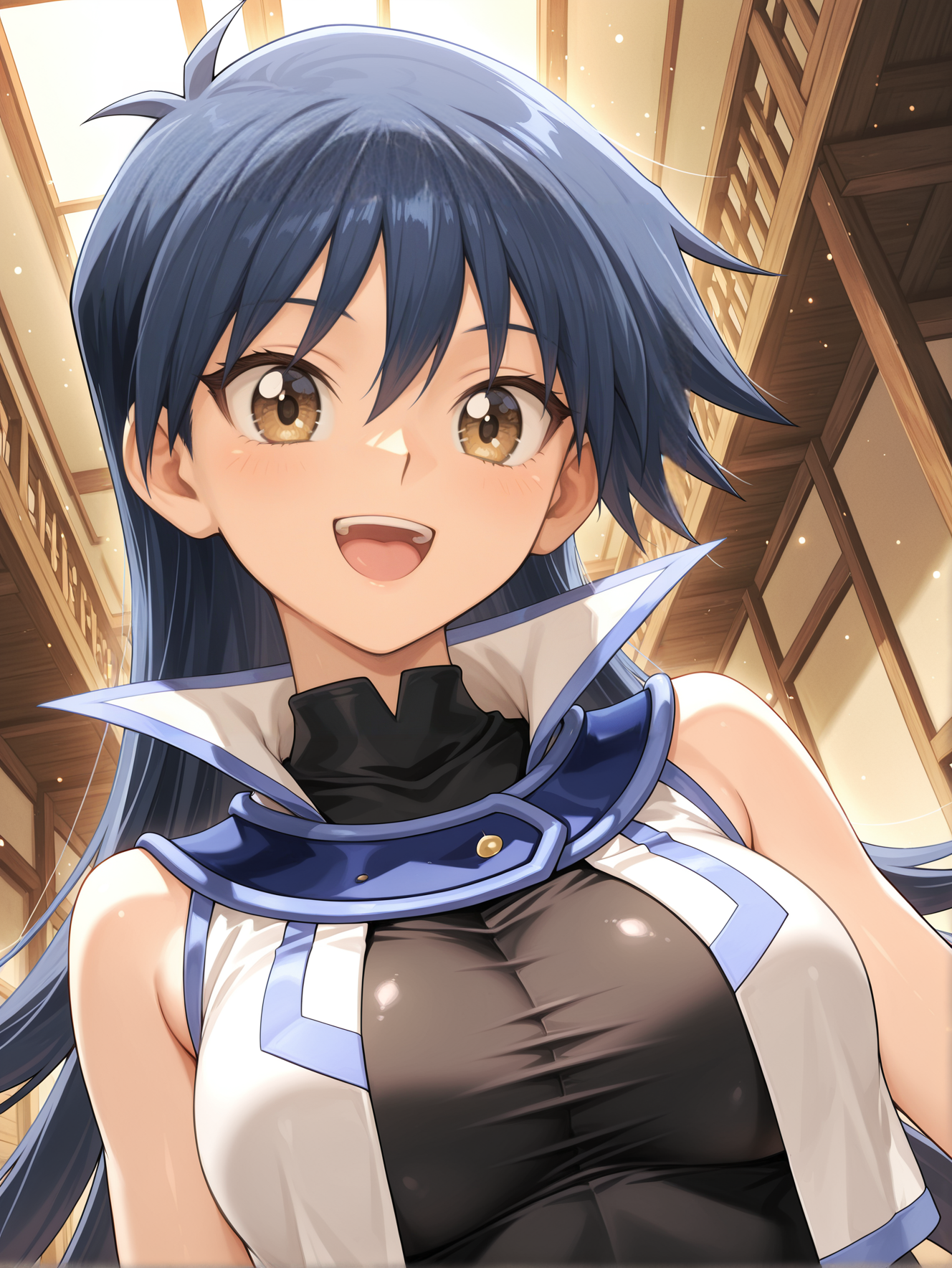 saotome rei,1girl,solo,open mouth,smile,looking at viewer,upper body,:d,open shirt,indoors,large breasts,duel academy uniform \(yu-gi-oh! gx\),white sleeveless shirt,black bodysuit,
masterpiece,best quality,amazing quality,very aesthetic,absurdres,newest,scenery,extreme detail,8k,light particles,soft lighting,volumetric lighting,intricate details,finely detailed,detailed eyes,<lora:Saotome Rei illusXL v1:0.73>,