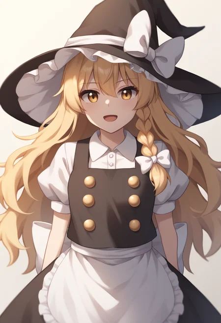 score_9,score_8_up,score_7_up,<lora:Touhou_pony:1>,1girl, kirisame_marisa, touhou, witch_hat, single_braid, white_shirt, black_vest, black_hat, white_bow, hat_bow, hair_bow, white_apron, black_skirt, waist_apron, puffy_short_sleeves
