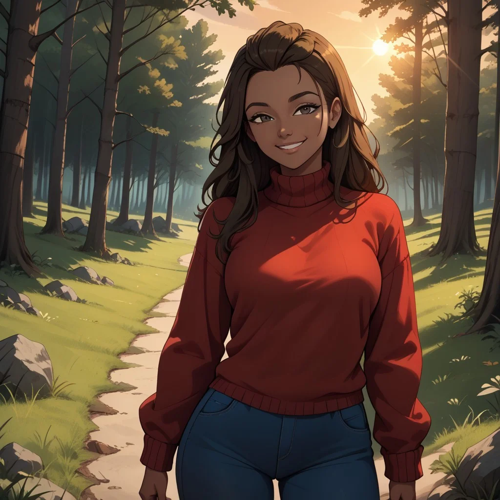 score_9, score_8, BREAK, brown hair, black eyes, red sweater, turtleneck, blue pants, sneakers, breasts, Gabby_(Disventure_Camp), dark skin, dark skin female, sexy pose, self portrait, smile, outdoors, sunlight, shadows, evening lighting, natural lighting, forest, trees, grass, orange sky, sunset