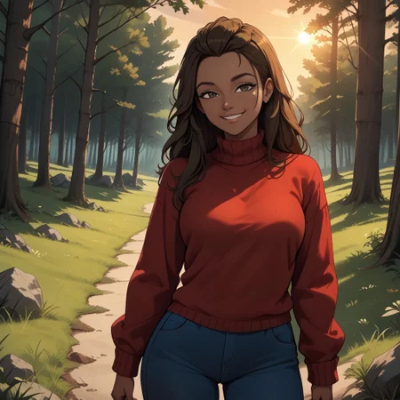 score_9, score_8, BREAK, brown hair, black eyes, red sweater, turtleneck, blue pants, sneakers, breasts, Gabby_(Disventure_Camp), dark skin, dark skin female, sexy pose, self portrait, smile, outdoors, sunlight, shadows, evening lighting, natural lighting, forest, trees, grass, orange sky, sunset