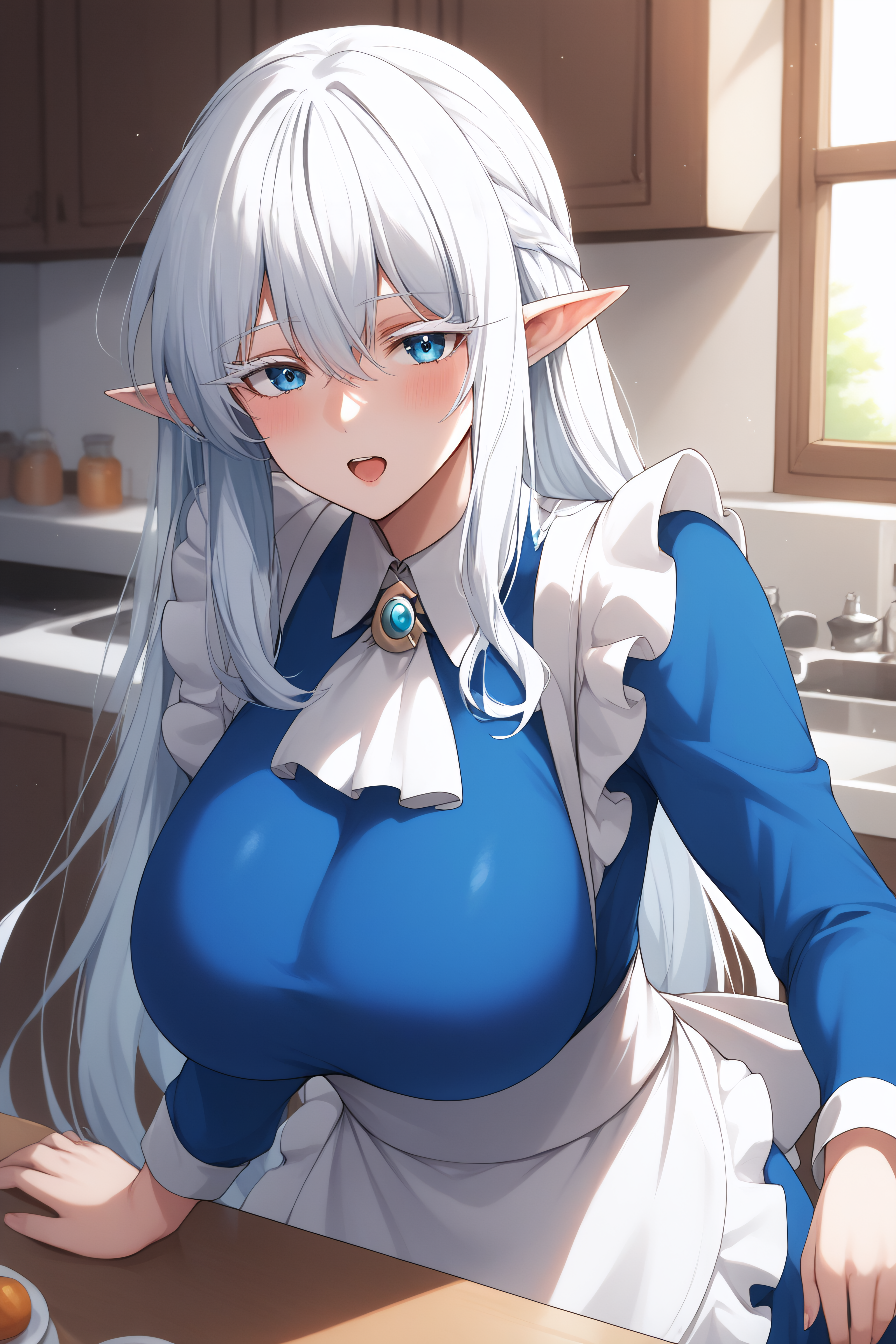 score_9, score_8_up, score_7_up, BREAK source_anime, <lora:Schnee Raizar-PonyXL-lora-Faxtron:1> schnee raizar, blue eyes, white eyelashes, white hair, long hair, large breasts, pointy ears, long blue dress, white apron, long sleeves,