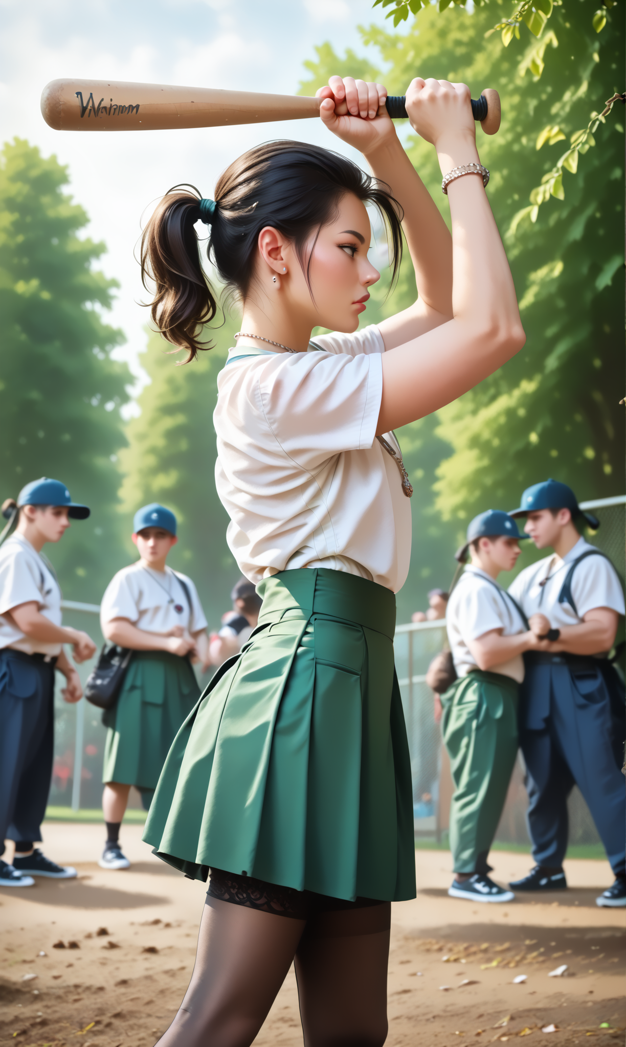 score_9, score_8_up, score_7_up, ovhatt, bothnd, side view, (slim 25yo girl) is overhead attacking with a baseball bat in a crowded park, green skirt and white blouse, black (holdup stockings), necklace,  short blonde ponytail
 <lora:OverheadAttackPony:1>