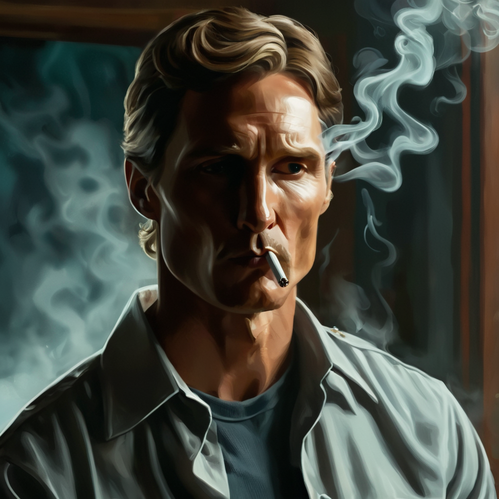concept art of cinematic film still of  <lora:add-detail-xl:1>0
<lora:detailed:0.3>
<lora:perfection style:0.3>
<lora:xl_more_art-full_v1:0.3>
 <lora:true detective style:1>
Rust Cohle a man smoking a cigarette in a room,solo,shirt,1boy,holding,male focus,blurry,blurry background,smoke,cigarette,realistic,smoking , sharp, detailed, epic photography, artistic, dramatic light, cinematic style, film style, 
true detective style, digital artwork, illustrative, painterly, matte painting, highly detailed