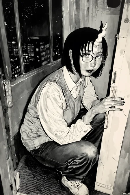 score_9, score_8_up, score_7_up, elma \(maidragon\), single horn,  gradient hair,  glasses, office lady,, solo, solo focus, cowboy shot, cyberpunk city ,black sky,clear night sky,starry night,mist,gothic architecture, neon lights,, Kneeling on one knee, looking up, <lora:satou_t:1.5>, satou t, realistic,greyscale,asian,monochromeâââ
