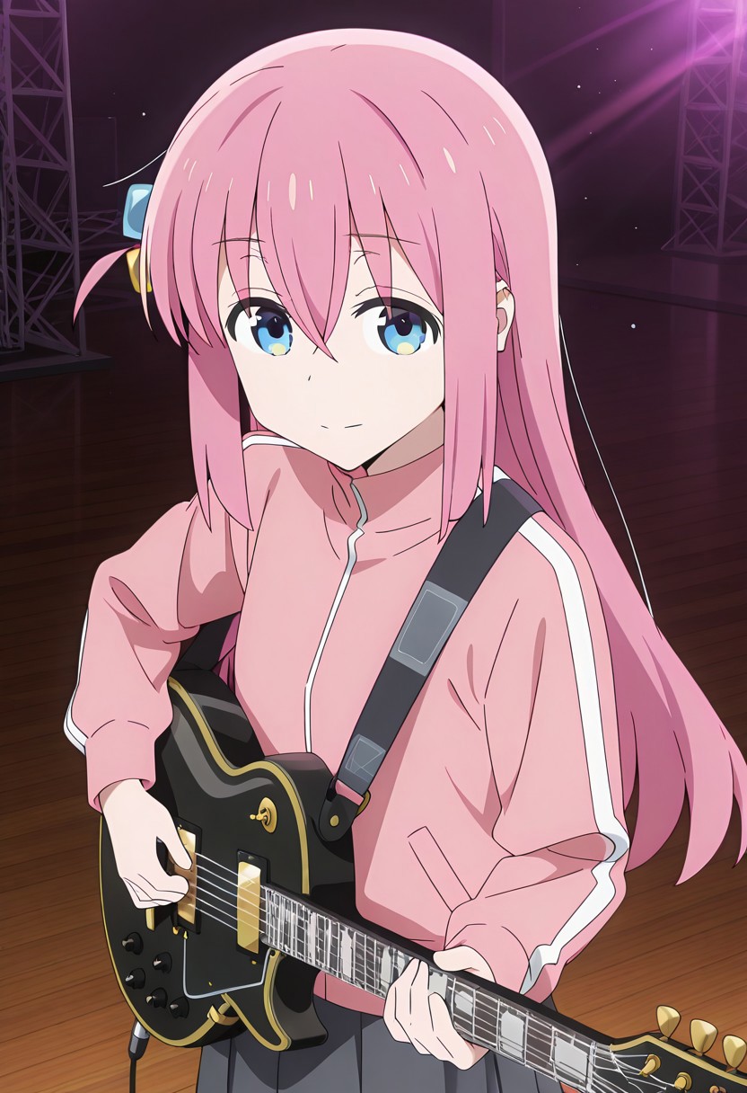 anime screencap, source_anime, solo, female focus, cel shading, (1girl, Bocchi, cube hair ornament, pink hair, long hair, blue eyes, hair between eyes,bangs, sidelocks, pink track top, dark gray skirt), concert, stage, playing with guitar, looking at viewer, masterpiece, best quality, absurdres, newest, perfect quality, best quality, absolutely eye-catching, detailed background, intricate details