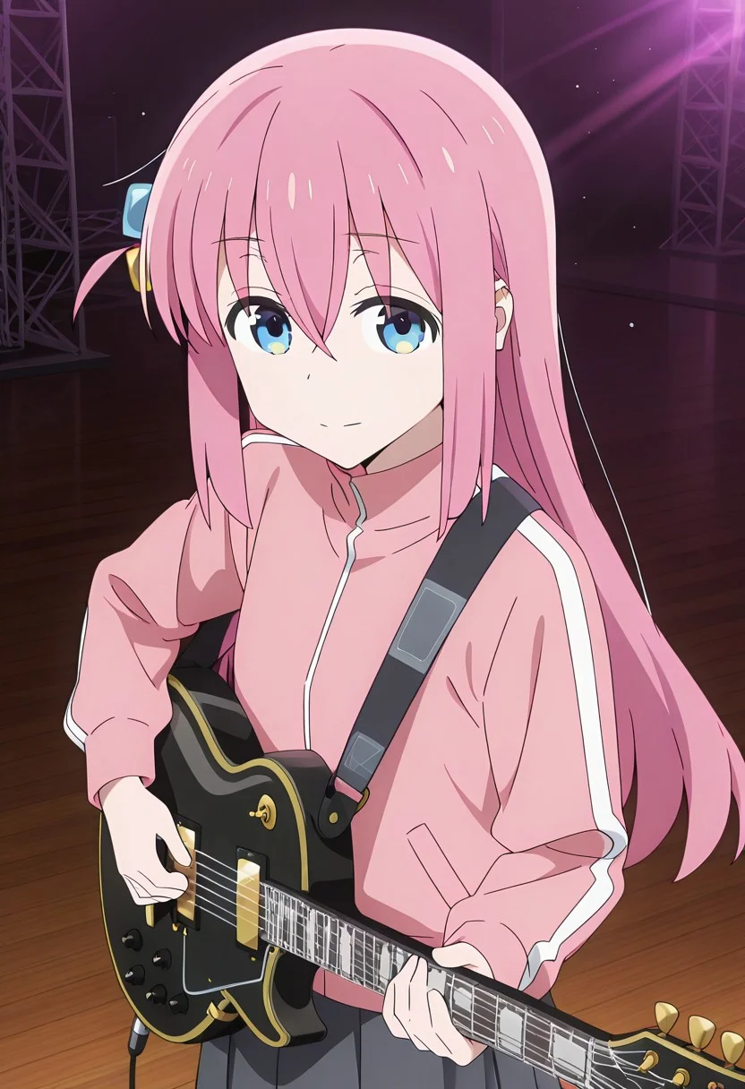 anime screencap, source_anime, solo, female focus, cel shading, (1girl, Bocchi, cube hair ornament, pink hair, long hair, blue eyes, hair between eyes,bangs, sidelocks, pink track top, dark gray skirt), concert, stage, playing with guitar, looking at viewer, masterpiece, best quality, absurdres, newest, perfect quality, best quality, absolutely eye-catching, detailed background, intricate details
