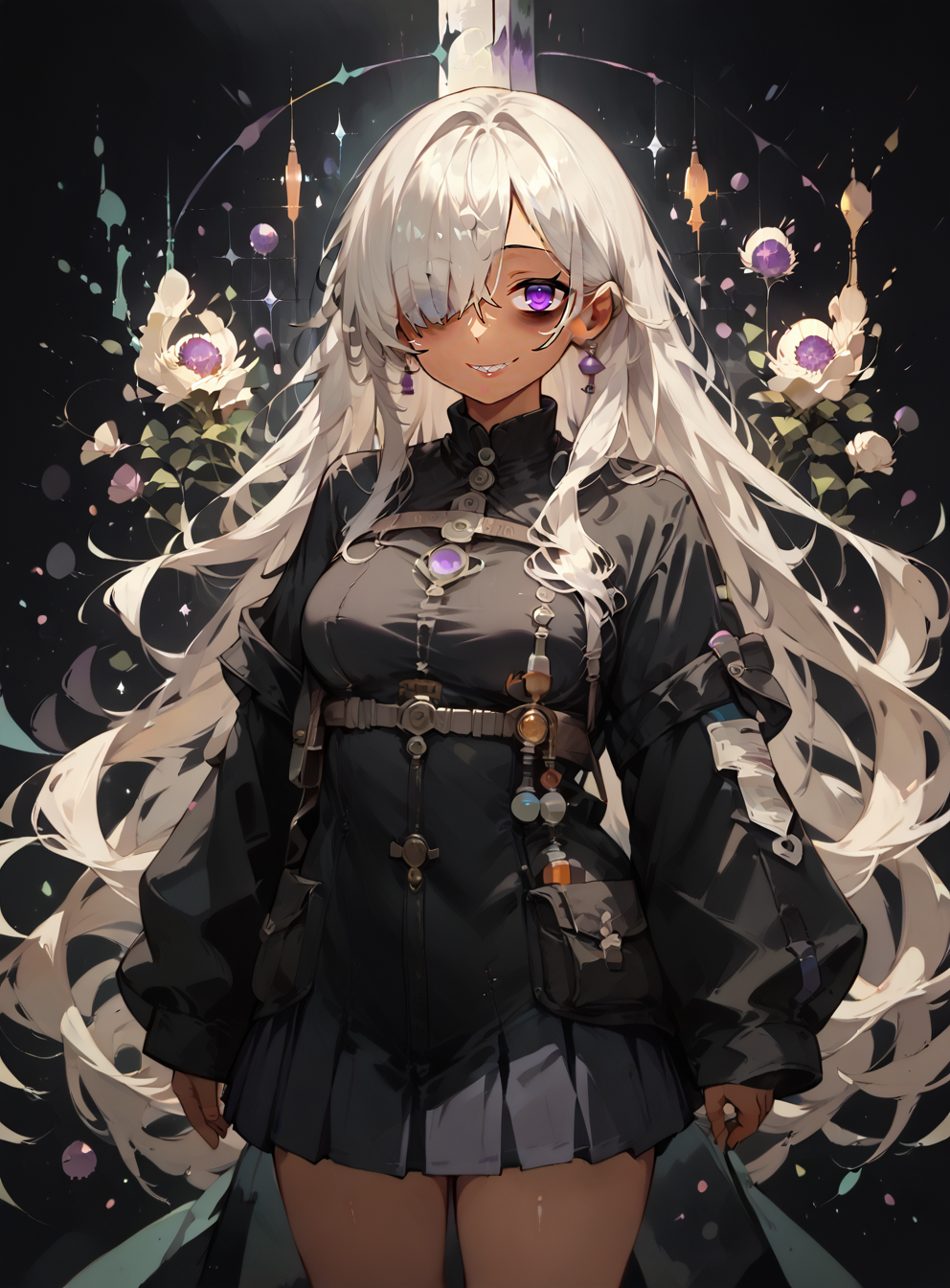 score_9, score_8_up, score_7_up, score_6_up, score_5_up, source anime, (dark skin), breasts, long hair, black hair, hair over one eye, sleeves past wrists, bags under eyes, long sleeves, smile, purple eyes, looking at viewer, blush, smile, looking at viewer, cowboy shot,  standing, realistic background, indoors, laboratory, scientist, black pleated skirt, chemicals,  black jacket, white hair,  <lora:ncaaoo33_XL_15E_GT_V0.1:0.8> , ncaaoo33,  <lora:NoctAbstractConcept:1> , abstract, abstract background, particles,  <lora:p4st3lg0r3XLP:1> , p4st3lg0r3,  <lora:ph4nt0m01lXLP:0.7> , ph4nt0m01l,