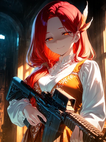 siiqa vivi, shuri \(84k\),  <lora:AkaneXL:1>, Akane_YS, 1girl, long hair, feather hair ornament, smile, hair over shoulder, medium breasts, red hair,
<lora:spo_sdxl_10ep_4k-data_lora_webui:0.5><lora:cfg_scale_boost:0.9> indoors, half-closed eyes, orange eyes, gold eyes, m4 carbine, holding weapon, shaded face, holding gun, 
masterpiece, best quality, amazing quality, very aesthetic, absurdres, newest, lazypos