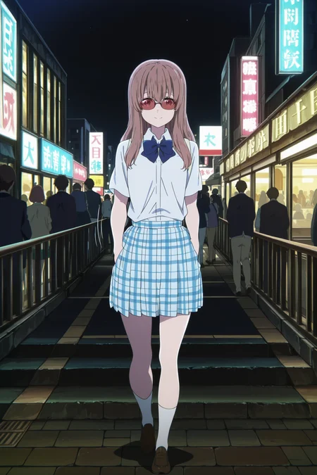 anime screencap, anime coloring, detailed face, perfect fingers, masterpiece, best quality, very aesthetic, absurdres, volumetric lighting,
outside, night, in a city, neon signs, people in the background, on a street,
<lora:Shoko_Nishimiya_A_Silent_VoiceKoe_no_Katachi:1>
Shouko school uniform, Shouko Nishimiya (character), 1girl, brown hair, solo, school uniform, long hair, bow, skirt, plaid, plaid skirt, blue bow, wearing stylish red sunglasses, cool expression, confident smile, full body shot, walking toward the viewer, hands in pockets, motion lines