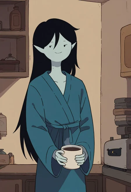 score_9, score_8_up, score_7_up, ((m4rc3l1n3,1girl,solo, dot eyes,grey skin, long hair,marceline abadeer from adventure time)), wear only bathrobe, one breast oops, holding a cup of coffee in hand, smile, source_cartoon, in the style of adventure time, Expressiveh
, zPDXL