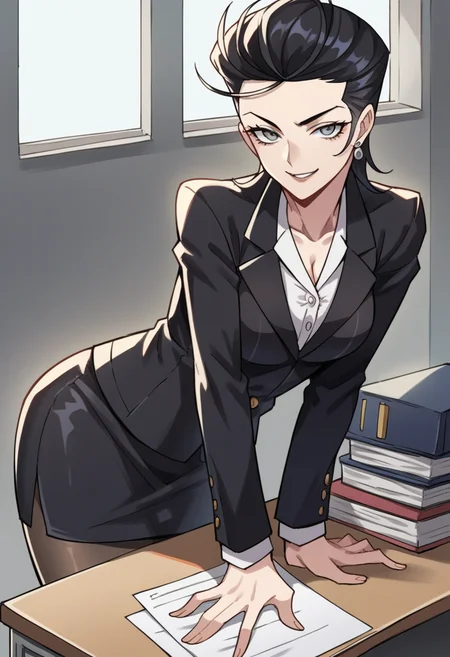 score_9, score_8_up, score_7_up, source_anime BREAK 1girl, solo, <lora:zs_YurikoXL:1> yurikosmt, black hair, hair slicked back, grey eyes, blazer, skirt, pantyhose, office, sitting on desk, seductive smile,
