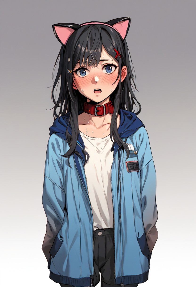 score_9, score_8_up, score_7_up, score_6_up, score_5_up, score_4_up, jacket, cowboy shot,gradient, sleeves past wrists, grey background, open jacket, arms behind back, , bangs,open clothes, fake animal ears, cat ears, solo, sweat, blue jacket, blush, long hair, sleeves past fingers, animal ears, 1girl, open mouth, collar, hair ornament, facing viewer, hood, gradient background, hairclip, black hair, standing, x hair ornament