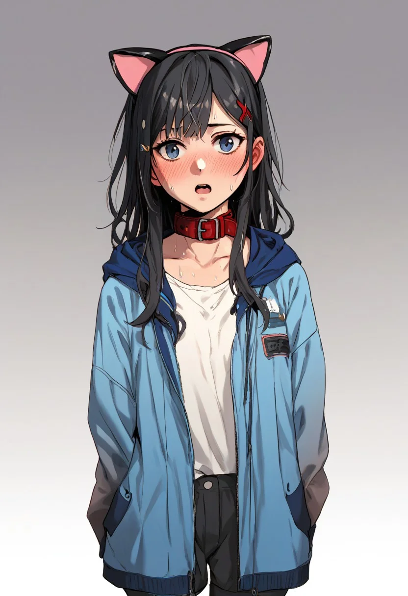 score_9, score_8_up, score_7_up, score_6_up, score_5_up, score_4_up, jacket, cowboy shot,gradient, sleeves past wrists, grey background, open jacket, arms behind back, , bangs,open clothes, fake animal ears, cat ears, solo, sweat, blue jacket, blush, long hair, sleeves past fingers, animal ears, 1girl, open mouth, collar, hair ornament, facing viewer, hood, gradient background, hairclip, black hair, standing, x hair ornament