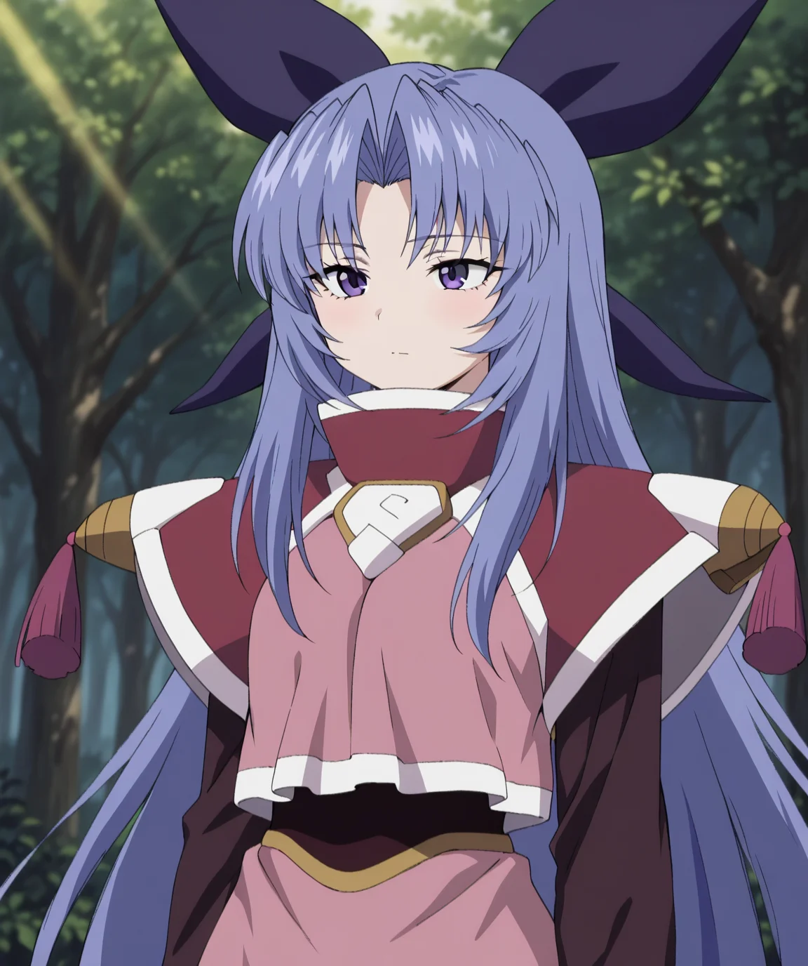 intricately detailed illustration, shiny skin, masterpiece, best quality, amazing quality, very aesthetic, newest, scenery, (volumetric lighting:1.1), clear line, solo, <lora:zephyris_v01:1>, zephyris, purple eyes, very long hair, blue hair, purple hair bow, under long sleeves, over dress, shoulder pad, simple background, <lora:Fixhand:1>