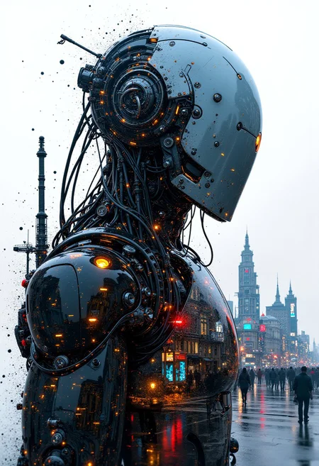 masterpiece, double exposure, silhouette of high-end robot helmet, filled with cyberpunk street, highest definition, HD32K, wallpaper, crisp lines, double exposure background, hyperdetailed, concept art, mythp0rt