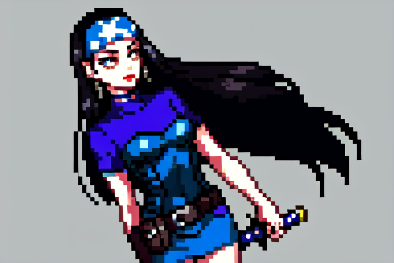 highly insanely detailed, masterpiece, top quality, best quality, highres, 4k, 8k, RAW photo, (very aesthetic, beautiful and aesthetic),  
beth_\(megami_tensei\),bethsmtii,shin megami tensei ii,long hair,black hair,straight hair,sleek black,jewelry,cross,headband,red_lipstick,belt,belt pouch,katana,sword, 
<lora:zs_Beth:0.7>, 
(1girl:1.3), 1other, 
prison cell,âââ