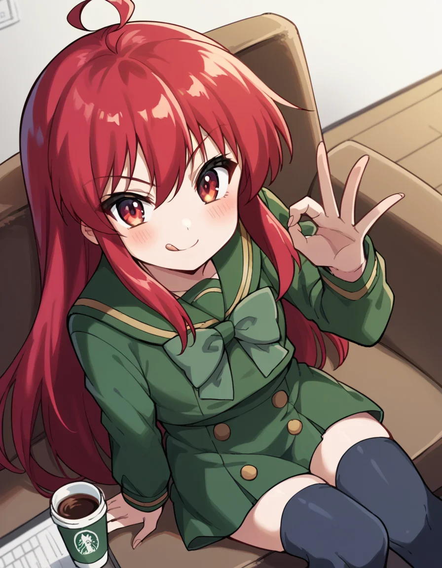 score_9, score_8_up, score_7_up, source_anime, <lora:shakugan-no-shana-s3-ponyxl-lora-nochekaiser:1>, shana, long hair, red hair, red eyes, ahoge, sidelocks,, school uniform, serafuku, green serafuku, bowtie, green bowtie, green shirt, green sailor collar, long sleeves, green skirt, buttons, thighhighs,, home office, working from home, computer screen, coffee cup, focus, deadline, , <lora:money-gesture-ponyxl-lora-nochekaiser:1>, money gesture, blush, sitting, couch, arm support, smile, tongue out, knee up, from above, looking at viewer, solo,, dutch angle, cowboy shot