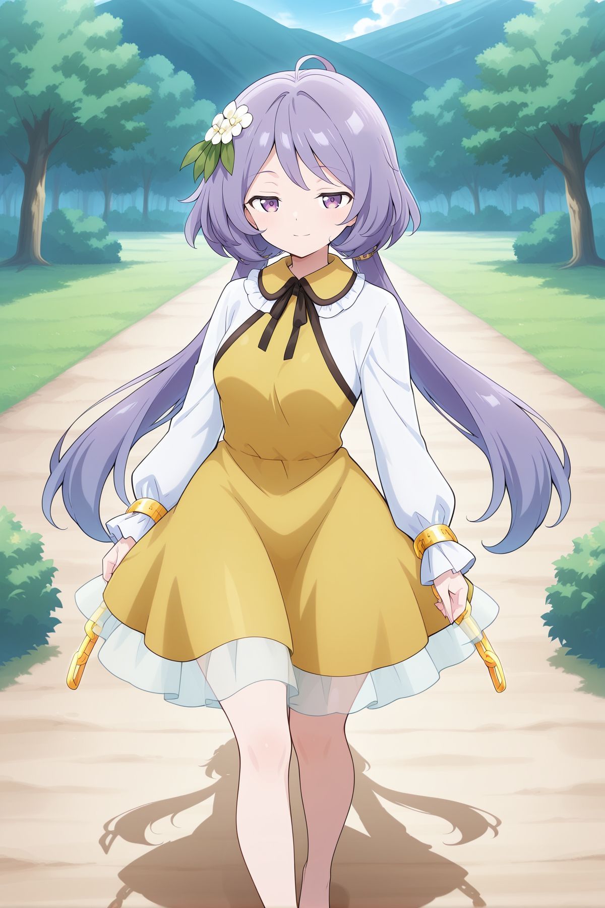absurdres, highres, masterpiece, best quality, amazing quality, official anime artwork, screencap, anime screencap, outdoors, looking at viewer, light smile, dynamic pose, standing,
 <lora:Tsukumo-Benben_Illustrious:1> tsukumo benben, 1girl, solo, purple eyes, purple hair, long hair, twintails, ahoge,, hair flower, white flower, yellow dress, frilled dress, long sleeves, barefoot, chain,