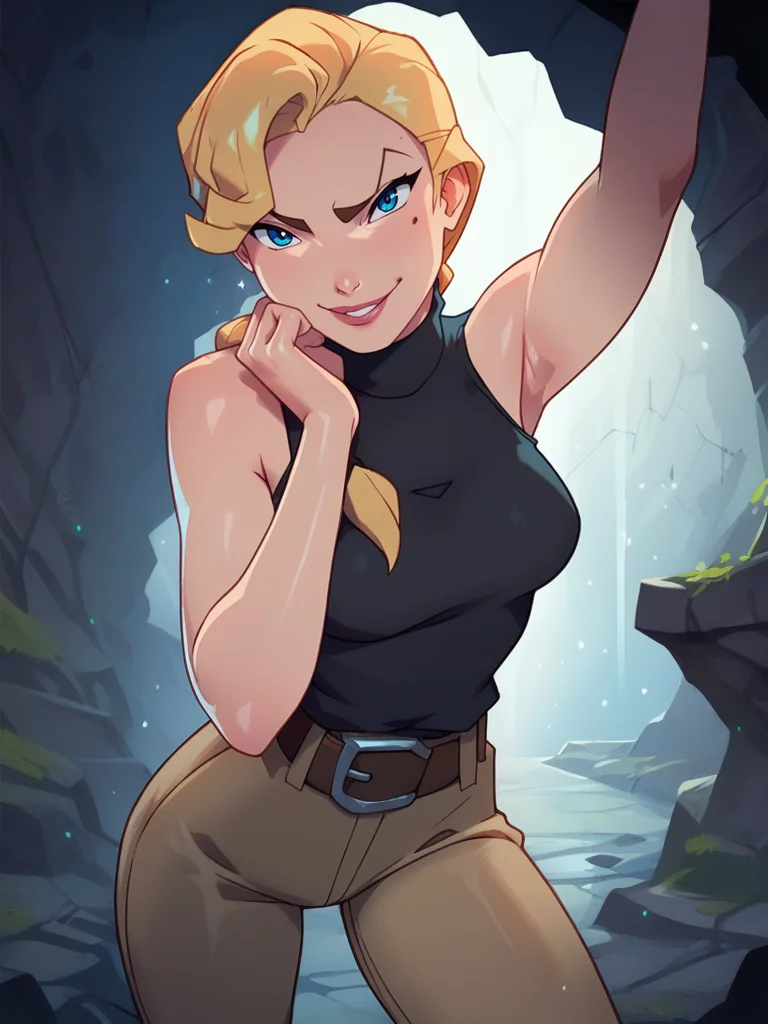 score_9, score_8_up, score_7_up, 1girl, sexy pose, leaning forward, evil smile, cavern, rocks, detailed background, detailed background, looking at viewer, cowboy shot, (dynamic pose:1.1), dynamic angle, from below, closed mouth,
<lora:HelgaSinclair_character:1>,HelgaXLP, blue eyes, blonde hair, single braid, mole under eye, black turtleneck sweater, belt, brown pants, <lora:KajinmanLycoXL:0.7>