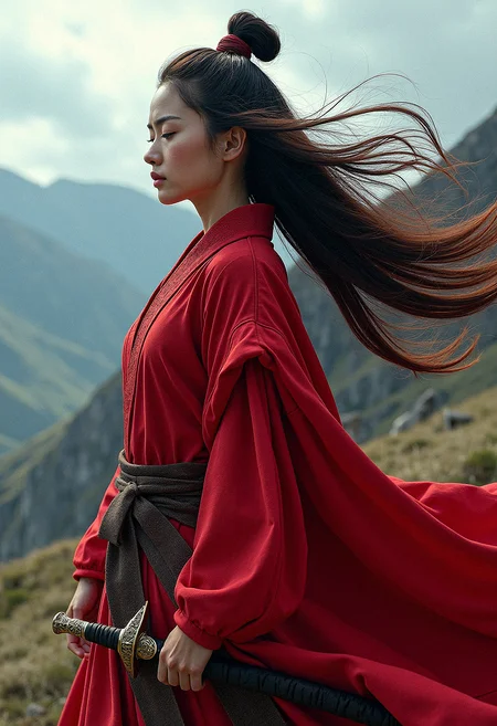 a fierce female warrior in traditional red robes, holding a sword, standing on a windswept mountain pass, her robes and hair billowing dramatically in the wind, eyes closed in calm concentration, ultra-detailed fabric textures, photorealistic skin tones, dynamic lighting, high-definition rendering, vibrant red hues, intricate sword details, flowing hair, natural background, cinematic composition, intense and focused expression, detailed environment, realistic wind effects, atmospheric depth