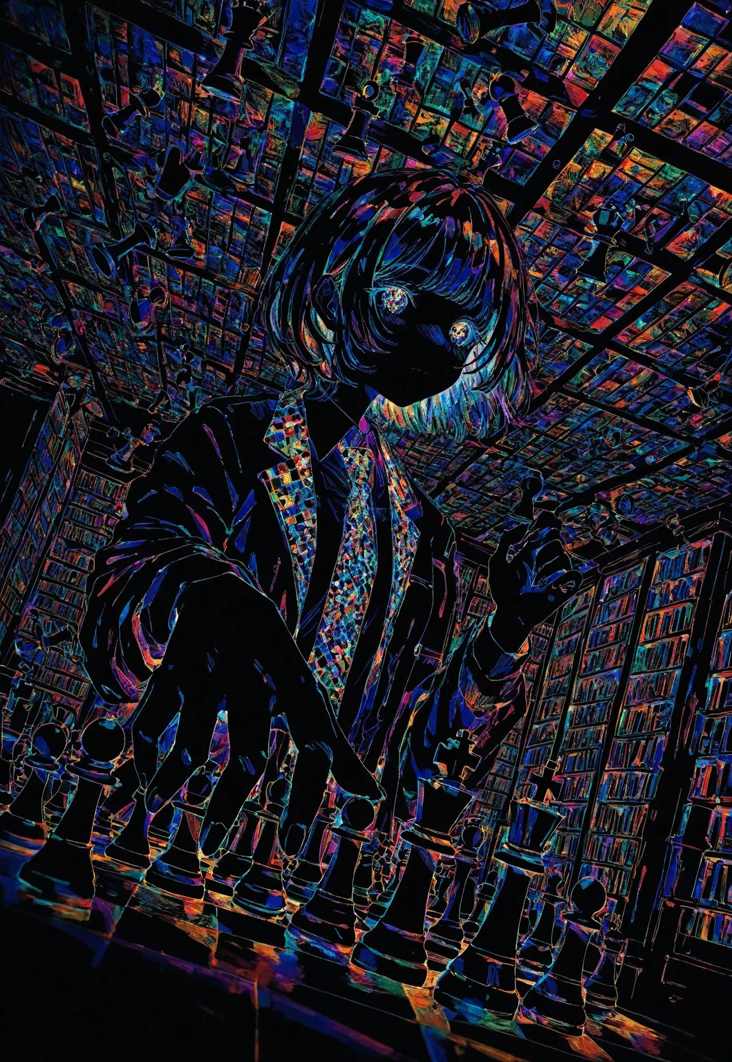 dutch angle, two-finger, upper body, perspective, chess piece, reaching, (abstract:0.5), chess piece, expressionless, solo, looking ahead, intense,
necktie, colorful eyes, tareme,
colorful, black background, ligne claire,
[unmoving pattern], library, domed ceiling,
masterpiece, absurdres, newest, [dynamic pose]