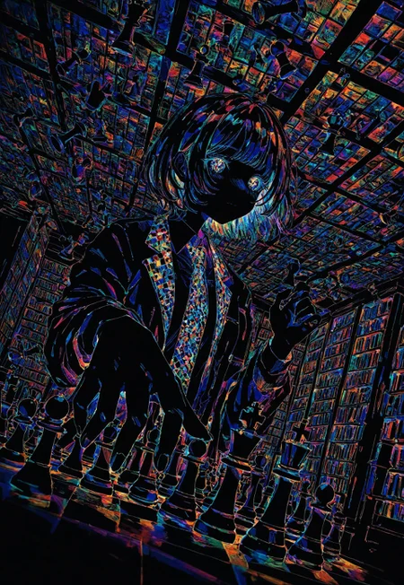 dutch angle, two-finger, upper body, perspective, chess piece, reaching, (abstract:0.5), chess piece, expressionless, solo, looking ahead, intense,
necktie, colorful eyes, tareme,
colorful, black background, ligne claire,
[unmoving pattern], library, domed ceiling,
masterpiece, absurdres, newest, [dynamic pose]