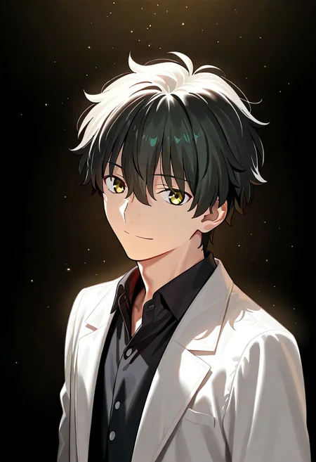 ((masterpiece, best quality, amazing quality, very aesthetic, absurdres)), 
Takeuchi takashi, ((solo)), ((detailed eyes)), calm, smile, closed mouth, 1boy, solo, peaceful, closed mouth,(((oreki_houtarou))), (((black hair, black hair, yellow eyes))), ((short hair, hair between eyes)), ((white labcoat, open labcoat, black shirt, collared shirt, black slacks))), no background, dark background, cowboy shot, dark background, portrait, looking at viewer