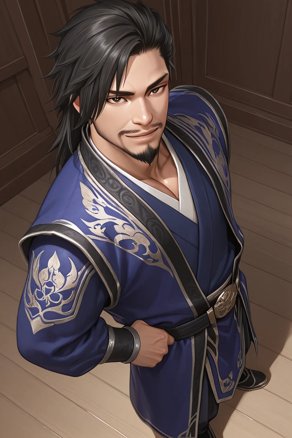 best quality, amazing quality, newest, perfect quality, best quality, highres, 1boy, male, male focus, solo, detailed body, detailed face, (detailed eyes:1.2),
XiahouDun, black hair,half swept back hair , black eyes, full beard with goatee, mature muscle male, no eyepatch, standing , seductive smile, looking at viewer
, dynamic angle, from above, sexy pose, old chinese style indoor