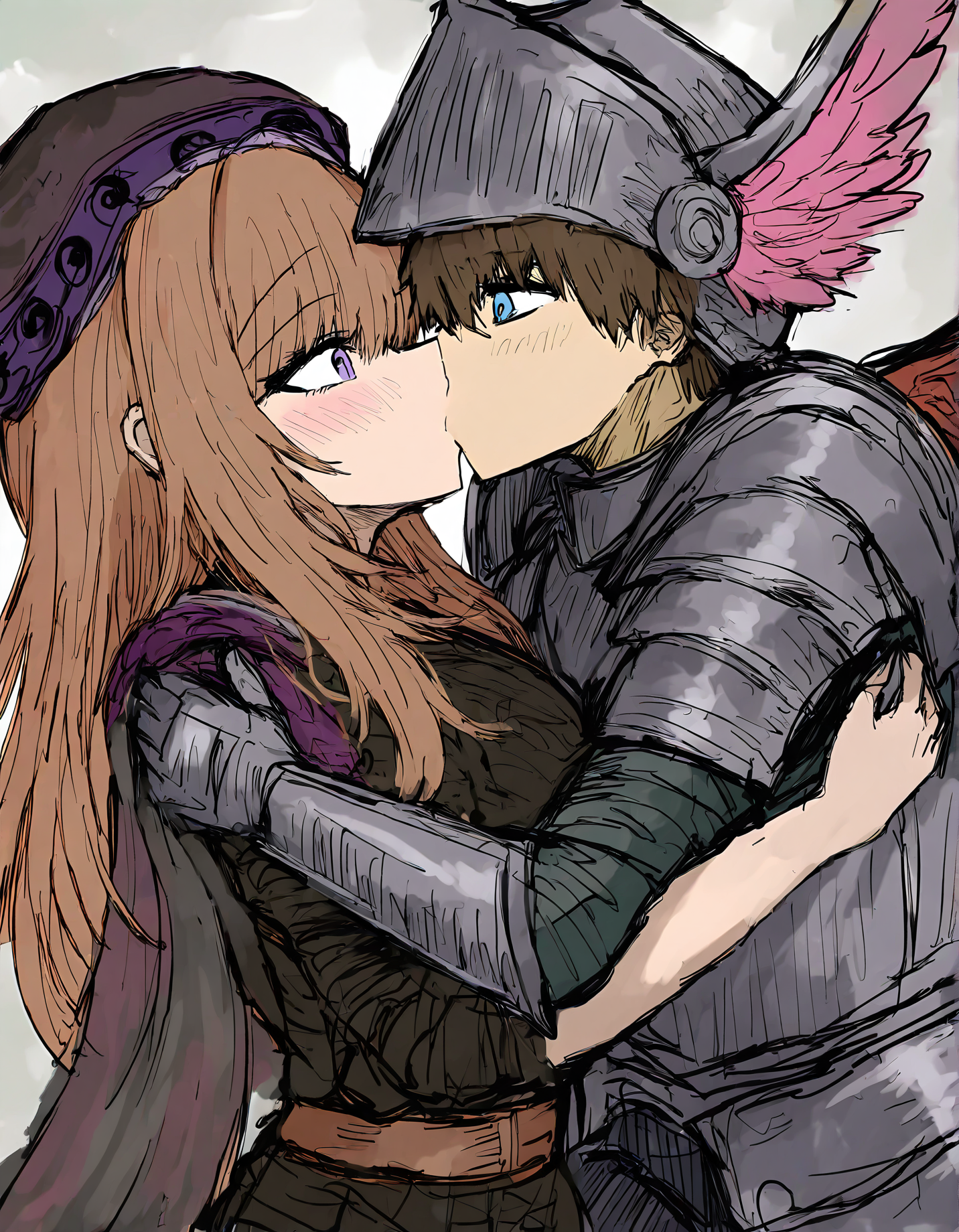 sushi yuusha toro, 1girl, kiss, sensitive, sketch, brown hair, wings, armor, blush, hat, purple eyes, blue eyes, 1boy, long hair, upper body
very awa, masterpiece, best quality, year 2024, newest, highres, absurdres, <lora:black-souls-style-noobai-vpred10-prodigy:1>