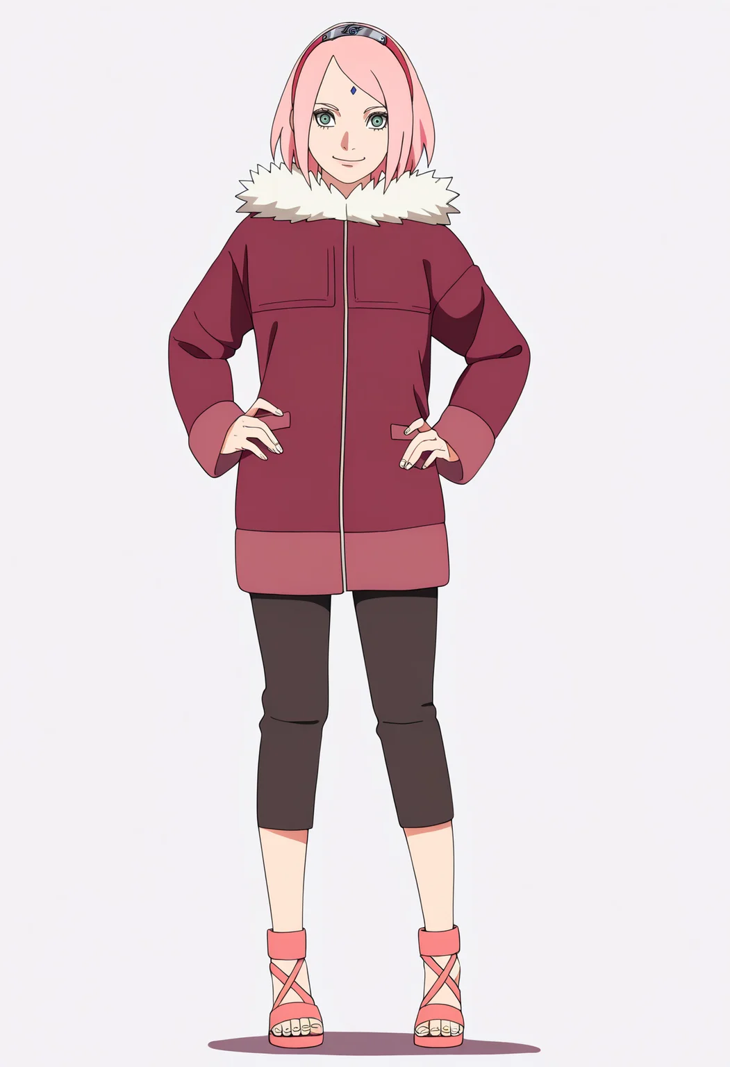 masterpiece, best quality, very aesthetic, absurdres,
1girl, haruno sakura, pink hair, short hair, green eyes, hairband,
forehead mark,
winter clothes, pants, coat, fur trim, long sleeves, sandals,
hands on hips, full body, standing,
smile, (solo:1.3), looking at viewer, simple background, white background, <lora:SakuraTheLastNoobXL_byKonan:1>