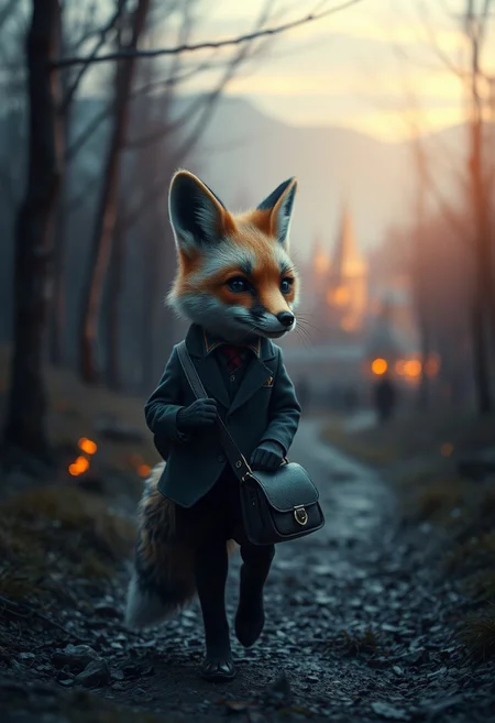 Futuristic sci-fi style in extreme macro close-up. An elegantly dressed fox, carrying a satchel, strolls a hidden forest path toward a distant village in ethereal blue twilight. Detailed focus on the small subject, advanced technology elements blend with space elements, glowing warm trees.