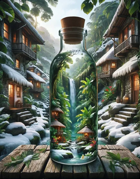 ais-bttl, inside bottle hidden waterfall in a tropical jungle, outside bottle snowy village with cozy cottages <lora:ais-bttl-sdxl:1>