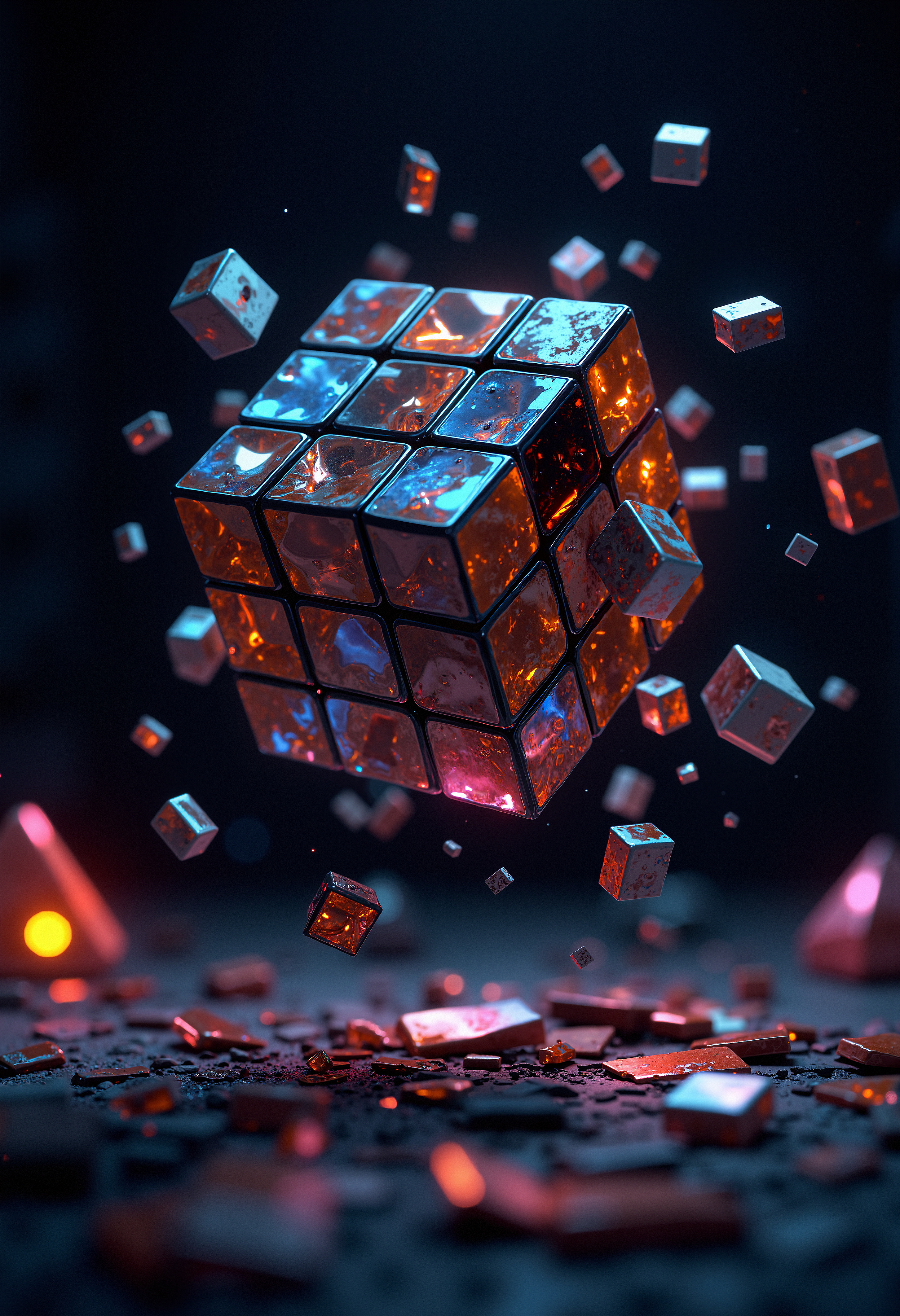 A hyper-detailed shot of a disassembled Rubik's cube floating in mid-air, with each piece suspended separately. The pieces are rotating slowly, with soft, colorful reflections from a prism-like light source hitting their glossy surfaces. The background is a dark void, with subtle glowing geometric shapes in the distance. The scene is surreal and dreamlike, evoking a sense of infinite possibilities and complexity.   <lora:FluxMythP0rtr4itStyle:0.8> MythP0rt,  <lora:aidmaImageUpgrader-FLUX-V0.1:0.33> detailmaximizer,