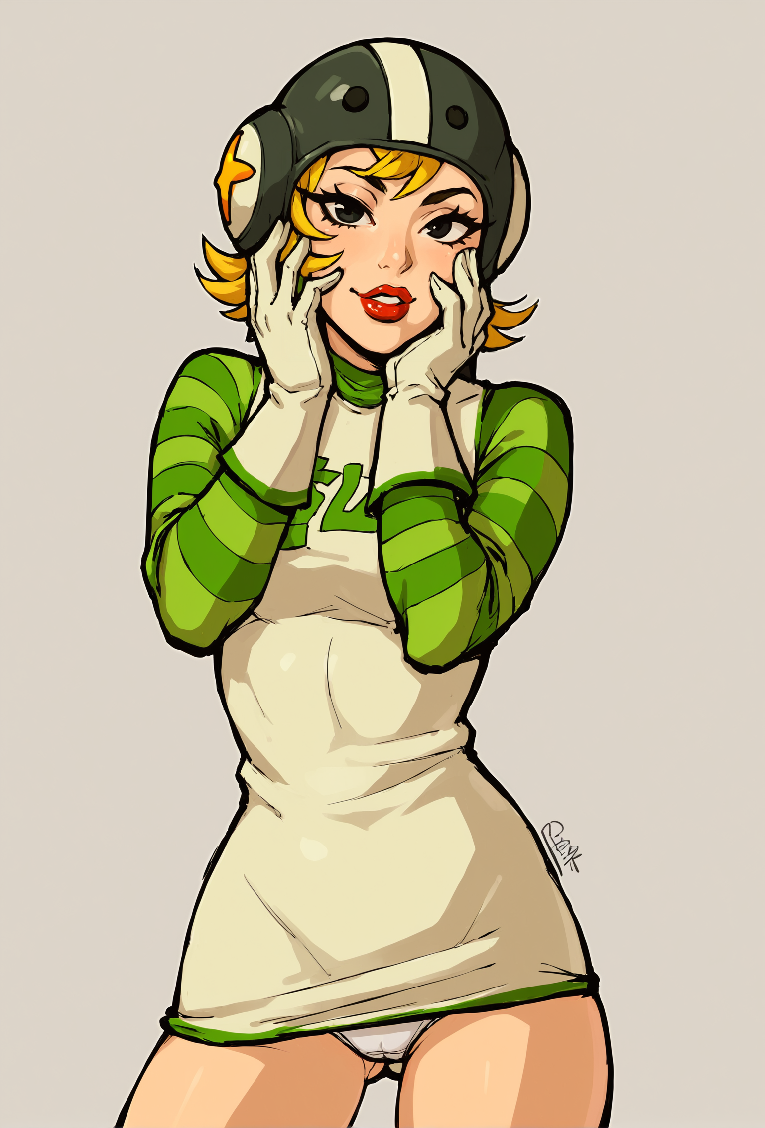 score_9, score_8_up, 1girl, solo, solo focus, cowboy shot, jsrgum, helmet, blonde hair, black eyes, white gloves, striped sleeves, dress, short dress, hand on own face, short dress, white panties, looking at viewer, lipstick <lora:GumSDXL:0.8>