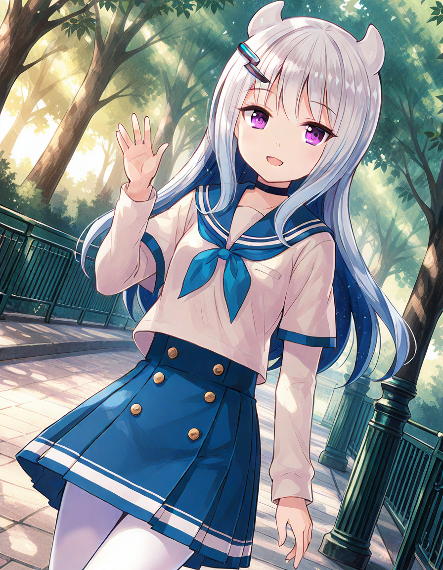 hiiragi sakurako, school uniform, white pantyhose, solo, smile, open mouth, hand up, looking at viewer, outdoor, dutch angle, <lora:20241207153534_eternal_sakura_animagine-xl-3.1:0.6>