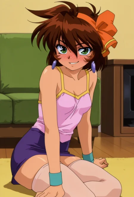 masterpiece, best quality, amazing quality, absurdres, anime coloring, retro artstyle, 1990s (style), 1girl, solo, merrillww, green eyes, brown hair, short hair, orange hair ribbon, orange hairband, earrings, small breasts, pink camisole, bare shoulders, purple microskirt, aqua wristband, <lora:Merrill_Mahou_Senshi_Louie_ill:0.9>, sitting, yokozuwari, arm support, (evil smile), parted lips, full-face blush, indoors, living room, skindentation, detailed clothing folds, depth of field, sharp, high contrast, dynamic light