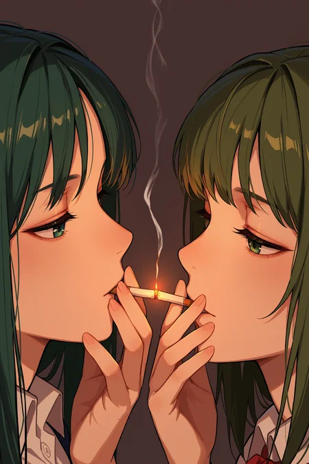masterpiece, best quality, absurdres, safe
2girls, cigarette kiss, holding cigarette, smoking, simple background
<lora:cigarette_kiss_il_2_v4_d32_final:1>